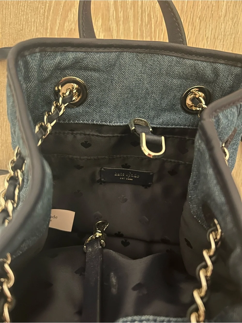 kate spade Quilted Denim Drawstring Backpack with Navy Trim
